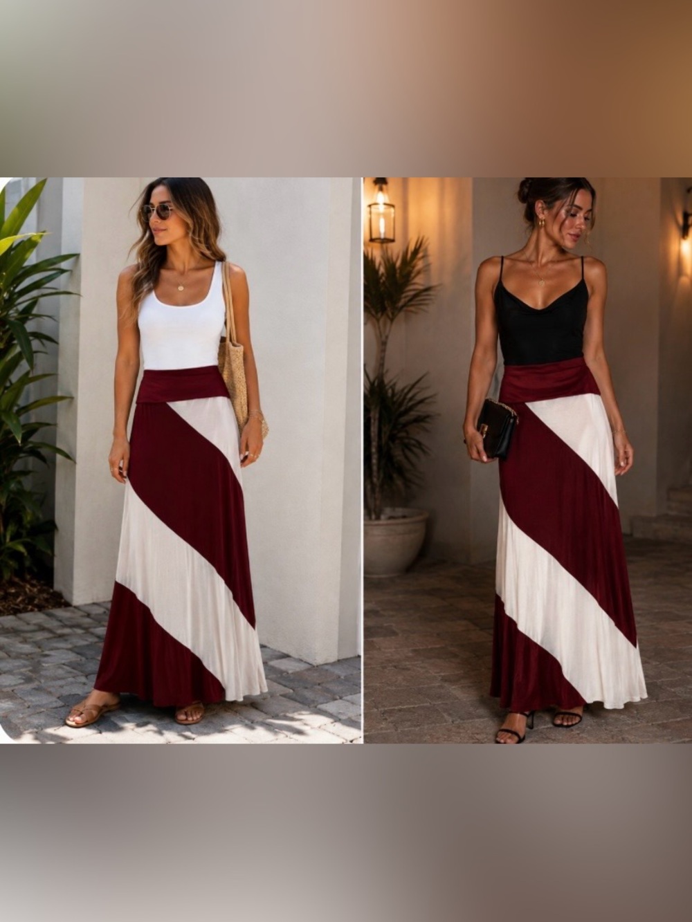 “Emerald” Wine and Cream Diagonal Colorblock Maxi Skirt